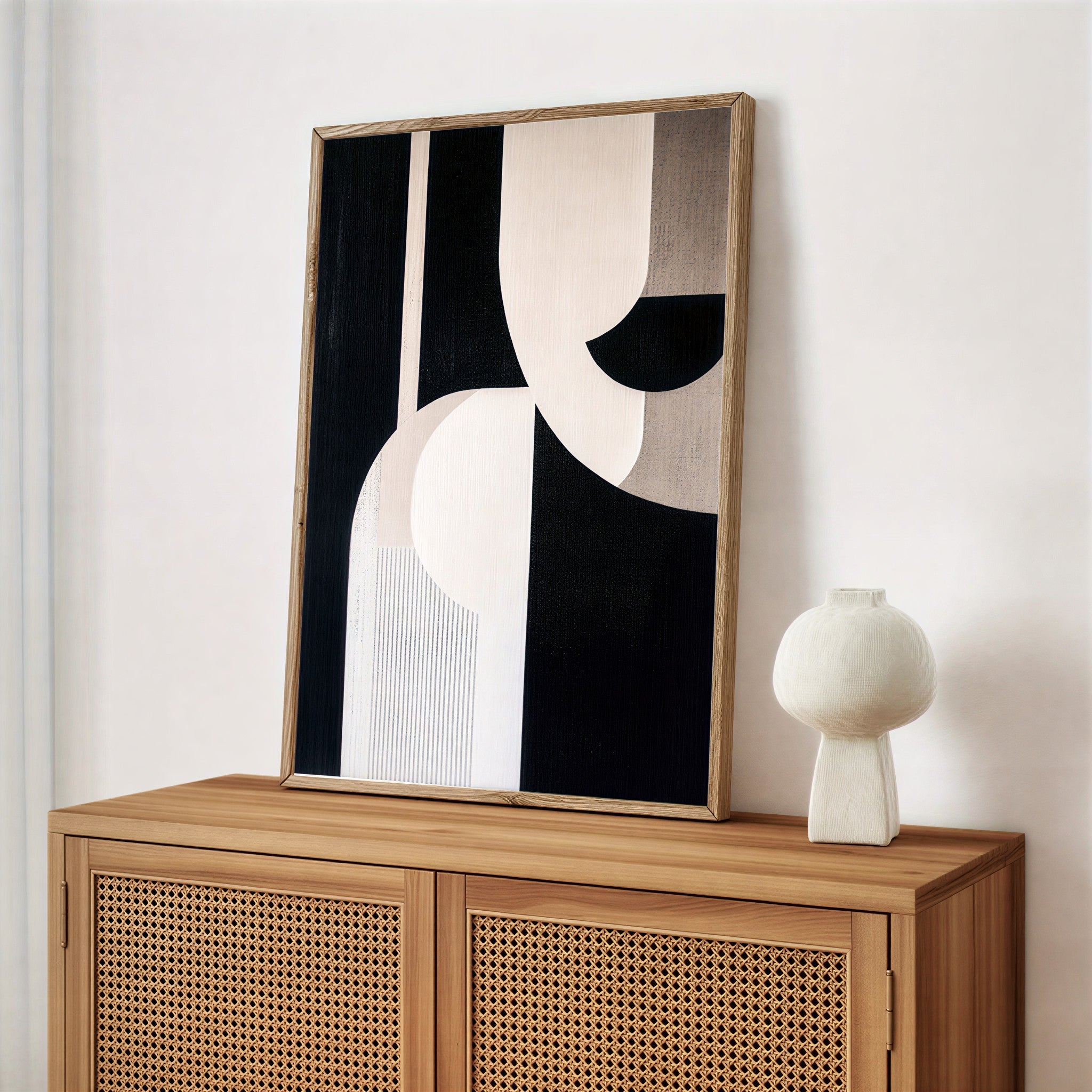 Abstract geometric wall art print in black and beige