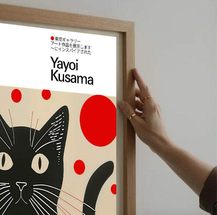 Yayoi kusama inspired black cat art print with polka dots